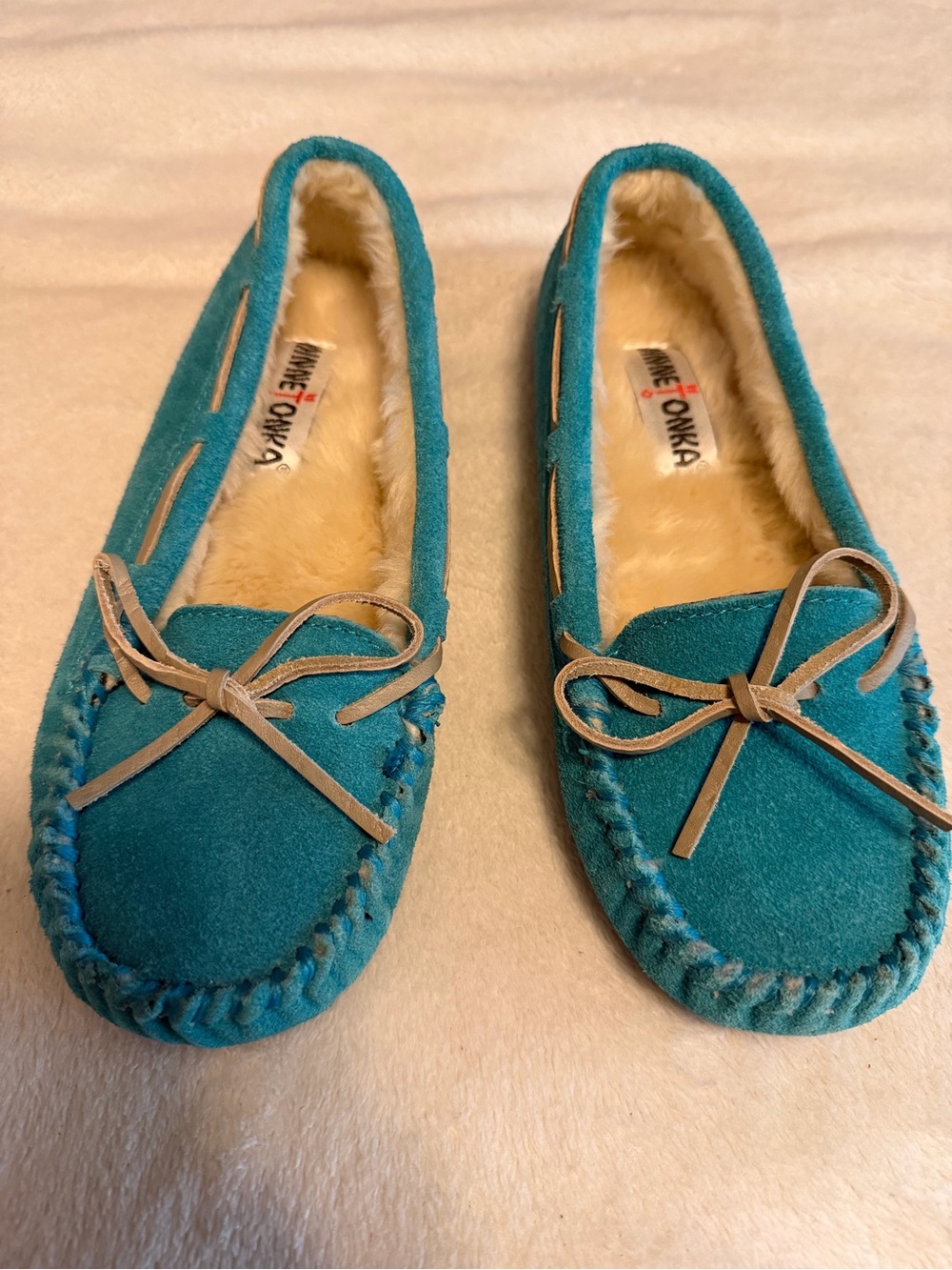 Minnetonka Teal Suede Shearling-Lined Moccasins